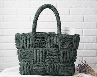 Borsa all'uncinetto color cachi fatta a mano - Filato di rafia, cerniera e interno foderato