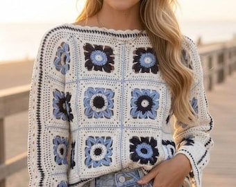 Camicetta con motivo all'uncinetto fatto a mano - Maglione quadrato della nonna con fiori vintage - Top all'uncinetto boho
