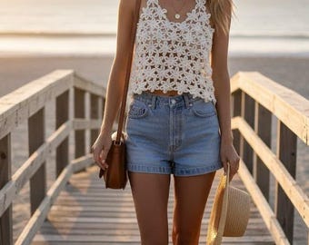 Top corto all'uncinetto con fiori fatti a mano – Canotta in maglia stile boho color ecru