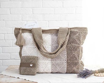 Handmade Crochet Tote Bag with Mini Wallet | Lined Knit Shoulder Bag