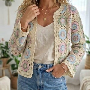Op de afbeelding: Een crèmekleurig gehaakt jasje met een bloemenpatroon in pastelroze, blauw en groen. Het jasje wordt gedragen over een witte top en gecombineerd met lichtblauwe jeans. Het jasje heeft lange mouwen en een geschulpte rand.