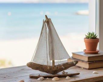 Barca a vela in legno di recupero • Barca a vela in lino dell'Egeo, decorazione costiera (28 cm)