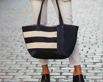 Denim Tote Bag: Striped Shoulder Bag for Laptop, Travel, Beach