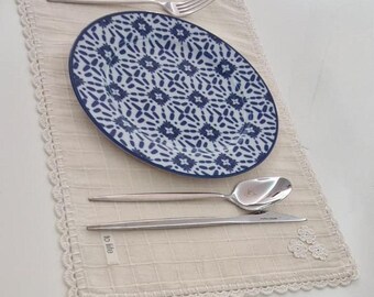 Tovaglietta americana in lino/uncinetto fatto a mano con dettagli, 2 pezzi/accessorio vintage/per la cena