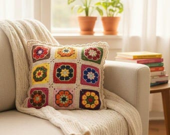Fodera per cuscino floreale all'uncinetto fatta a mano - Quadrato colorato in stile "Grandma Square", decorazione boho