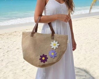 Handmade Straw Beach Bag with Crochet Flowers – Boho Tote