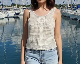 Top all'uncinetto in stile marinaio - Blusa estiva lavorata a mano con motivo di ancora - Media