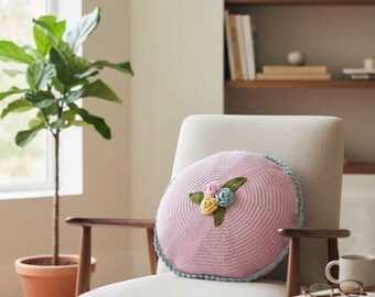 Handmade Crochet Pink Pillow – Floral Applique, Decorative Cushion
