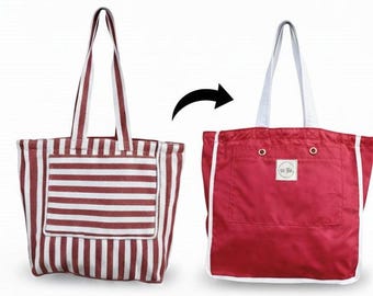 Borsa da spiaggia grande reversibile - Borsa impermeabile in cotone rosso e a righe - Borsa estiva nautica
