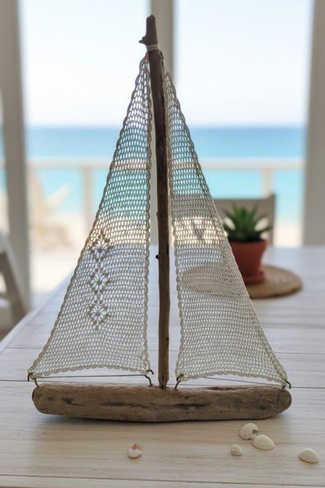 Handmade Crochet Sailboat Decor – Driftwood Coastal Ornament - Etsy