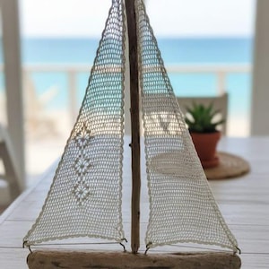 Handmade Crochet Sailboat Decor – Driftwood Coastal Ornament