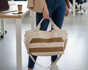 Borsa per laptop in cotone beige, borsa a tracolla da donna