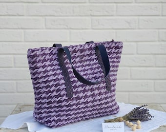 Handmade Crochet Shoulder Bag | Leather Handles, Lined Knit Handbag