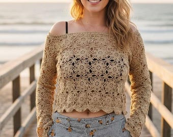 Top corto all'uncinetto fatto a mano - Stile boho floreale, blusa da festival