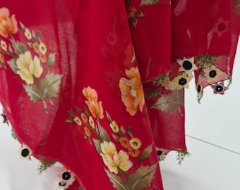 Sciarpa turca in pizzo ad ago fatta a mano – Ricamo floreale rosso Oya