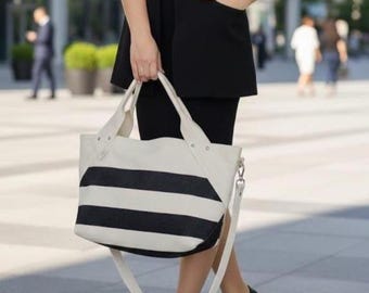 Borsa tote in cotone a righe, borsa per laptop con tracolla regolabile