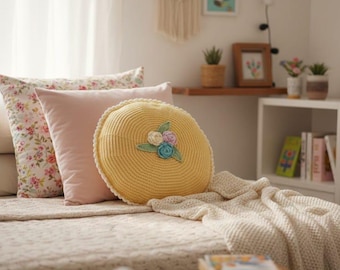 Handmade Crochet Lace Round Pillow • Cottagecore Decor