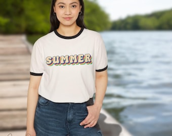 Retro Rainbow Ringer T-Shirt: Groovy 70s Style Beach Top