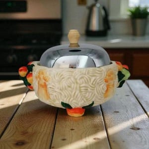 Clarice Cliff Celtic Harvest Jam Dish | Vintage Newport Pottery | 1930's Art Deco Ceramic Preserves Pot | Honey Glaze Chrome Lid Gift