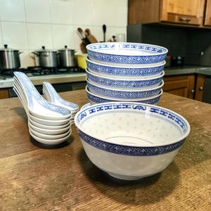 Vintage Jingdezhen Rice Grain Porcelain Bowls & Spoons – set of 6, Blue and White Chrysanthemum Porcelain, Translucent Rice Eye Soup Bowls