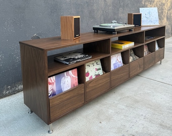 R/D Vinyl Record Storage Cabinet, Custom Bench-Style 6-Drawer With Receiver Bays | Made in Los Angeles