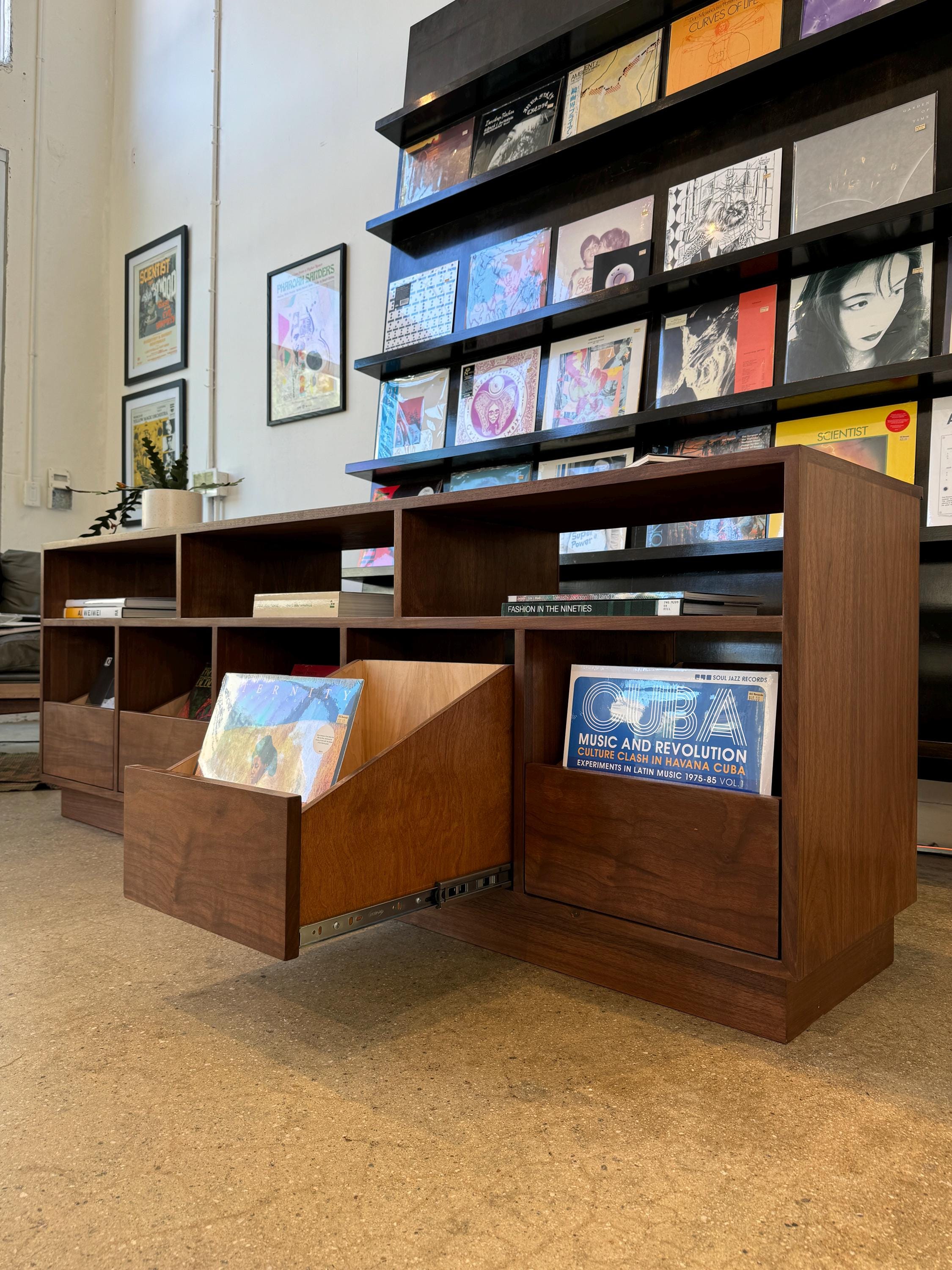 R/D Vinyl Record Storage Cabinet, Custom Bench-Style 5-Drawer With Receiver Bays | Made in Los Angeles