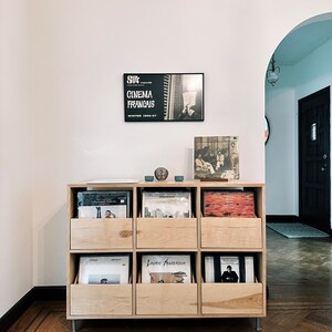 A custom natural birch 6-drawer cabinet in a client's home with various vinyl records inside the drawers. There is a framed print on the wall behind; two small blue bowls and an LP on the top of the unit. The floors are wood.