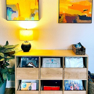 Our custom 6-drawer cabinet in birch and natural stain inside a client's home. There are vinyl records inside the drawers, a lamp and a small, black basket on the top of the cabinet; a potted plant, and two abstract paintings on the wall.