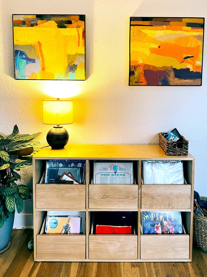 Our custom 6-drawer cabinet in birch and natural stain inside a client's home. There are vinyl records inside the drawers, a lamp and a small, black basket on the top of the cabinet; a potted plant, and two abstract paintings on the wall.