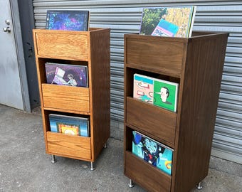Custom Handcrafted Record Storage Cabinet, 2-Drawer With Open Top Shelf, Vertical | Made in Los Angeles