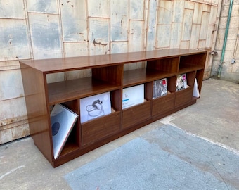 Custom Handcrafted Vinyl Record Storage Cabinet, Bench-Style 4-Drawer With Receiver Bays and Offset Cubbies | Made in LA