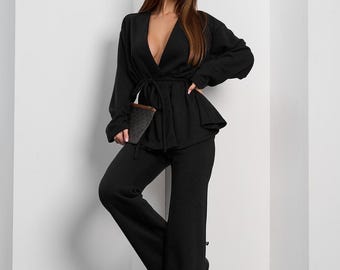 Black Soft Angora Knit Lounge Set, Wrap Blouse Sweater Flared Pants, Top Womens Warm 2 Piece Winter Christmas Clothing, Holiday Gift for Her