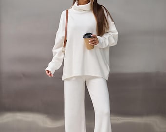 Milk Soft Angora Knit Lounge Set, Womens Two Piece Outfit, Fall Warm Casual Christmas Clothing, Top Sweater and Pants, Holiday Gift for Her