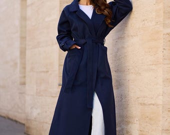 Goddess Dark Blue Wool Maxi Coat, Warm Womens Belted Outwear Clothing, Long Wrap Overcoat Trench for Winter, Christmas Gift for Girl