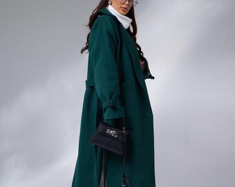 Forest Green Wool Trench Coat, Long Winter Coat, Wool Coat Women
