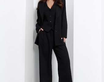 Conjunto feminino clássico de calça e blazer, terno formal de 3 peças com blazer, calça pantalona de cintura alta e colete, elegante conjunto para o escritório.