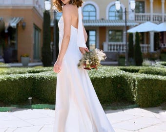 Ivory Silk Satin Slip Wedding Dress, Modest Simple White Maxi Gown, Open Back Fairy Long Bride Look for Rehearsal Party Courthouse Ceremony