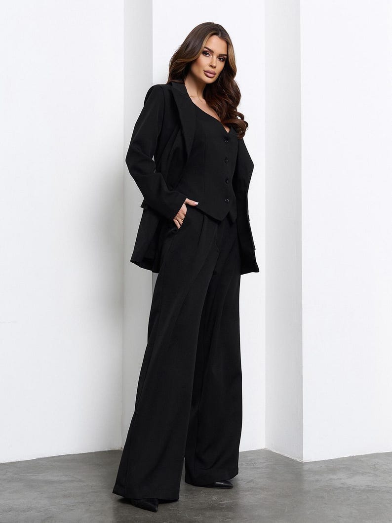 Women Classic Pant Suit, Formal 3 Piece Suit With Blazer Wide Leg — free download