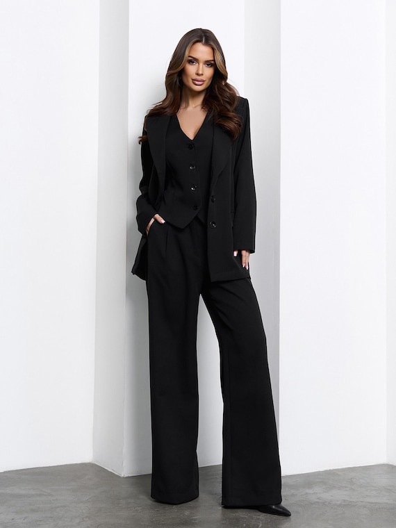 women's formal dress pant suits Women Classic Suit, 3 Piece Suit With Blazer Wide Leg Highwaist Trousers & West, Elegant Business Ensemble Ladies Office Outfit classy dressy pant suits for wedding guest