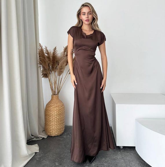 Bodycon Brown Silk Bridesmaids Dress, Chocolate Maxi Bridesmaid