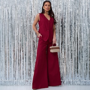 Vêtements moulants en lin bordeaux : gilet et costume palazzo, ensemble deux pièces, tailleur-pantalon d&#39;été pour femme, pantalon large, pantalon oversize grande taille