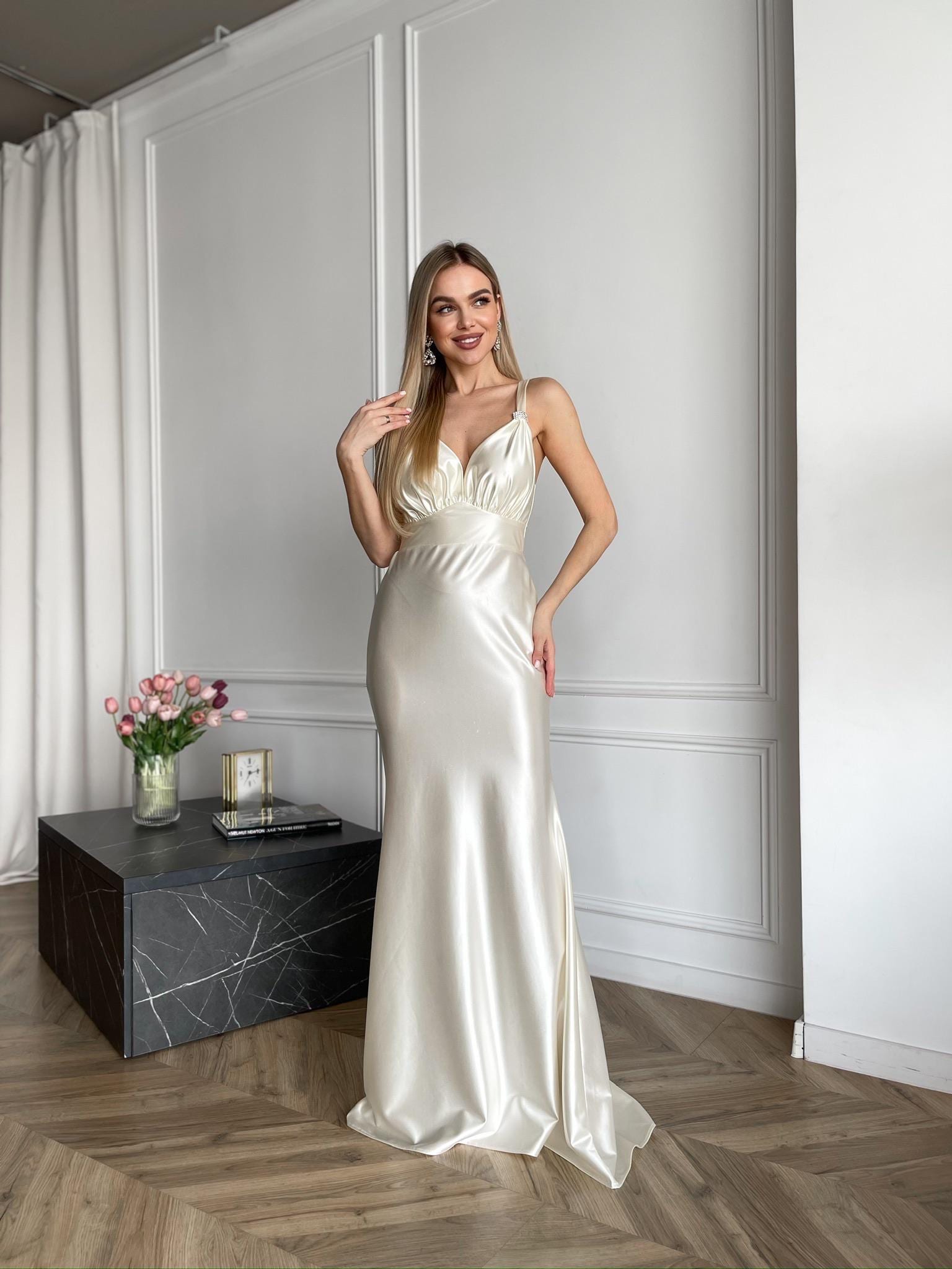 Vintage style Ivory Cream Wedding Dress, Silk Satin Slip Maxi Evening Gown for New Year, Prom, Party, Fairy Deep V Open Back Long Dress