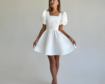 Stunning Maria Dress, Short Wedding Dress,Puff Sleeve White Dresses for Engagement Party,Prom,Civil Modest Gown for Bride,Rehearsal Clothing