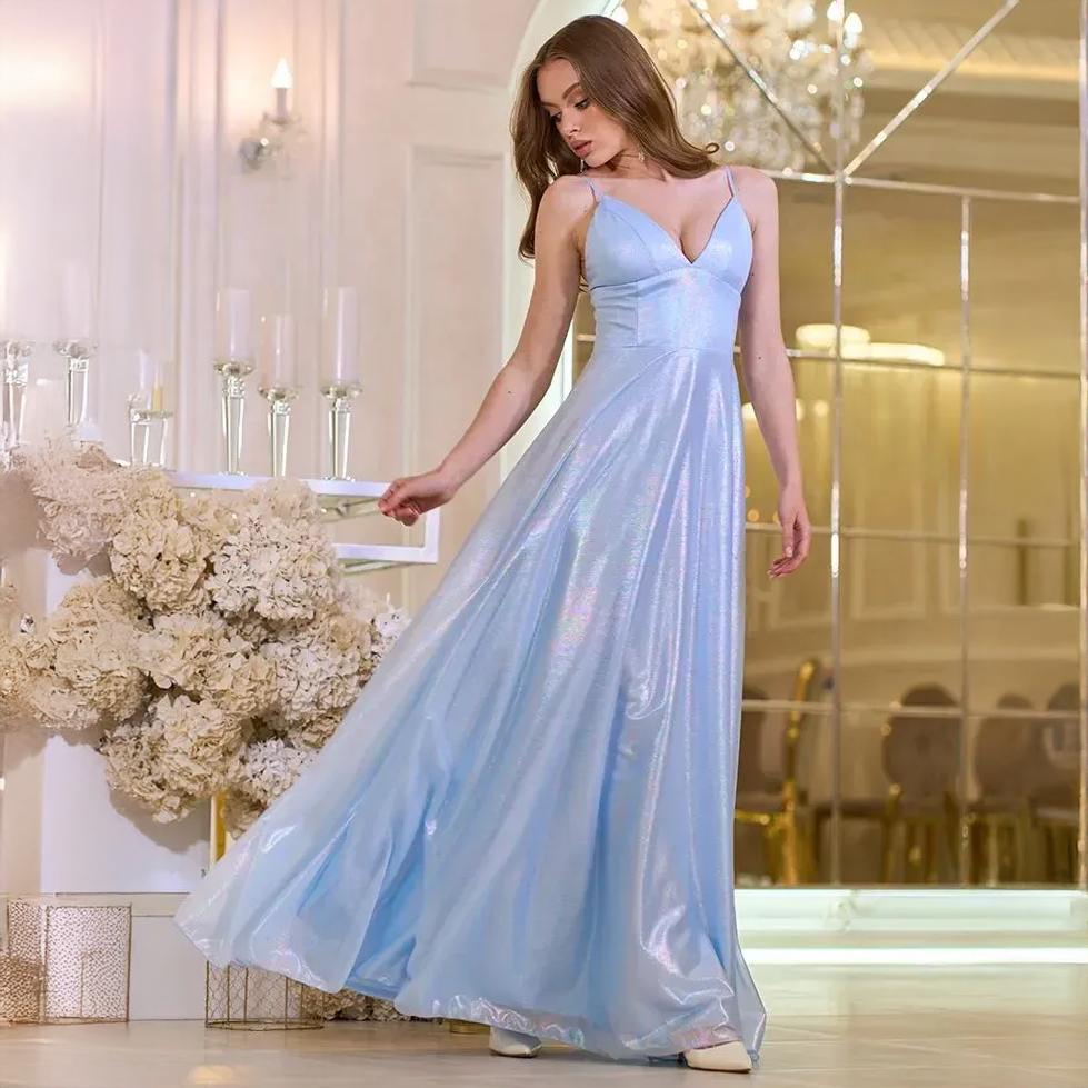 light blue prom dresses Satin V-neck Cross Back Size:36W | 34-36L COLLECTION::WEDDING-GUEST line gown in soft Navy Blue Dress With