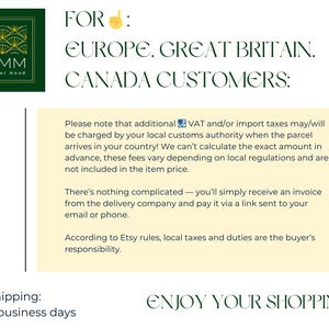 May include: A graphic with the FEMM logo and text that reads "FOR EUROPE, GREAT BRITAIN, CANADA CUSTOMERS:" followed by a notice about VAT and import taxes. The text also includes "ENJOY YOUR SHOPPING!"