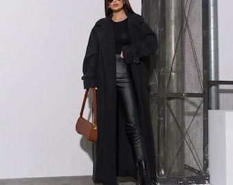 Abrigo largo de lana cálido para otoño, gabardina de invierno negra y marrón, abrigo marinero largo con cinturón, ropa casual de corte A para mujer, look largo de lana.