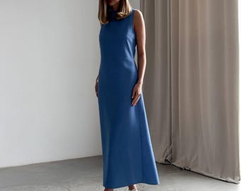 Stunning Sleeveless Linen Sky Blue Dress Size S, Summer Classic Maxi Dress, Women Linen Sundress Clothing for Birthday, Wedding Guest, Prom