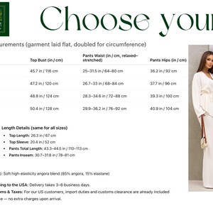 May include: Cream-colored two-piece outfit with a V-neck top and wide-leg pants. The image includes a size chart with measurements in inches and centimeters, and the text "Choose your:" at the top. The outfit is made of a soft, high-elasticity angora blend.