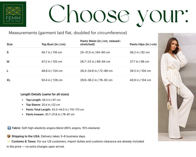 May include: Cream-colored two-piece outfit with a V-neck top and wide-leg pants. The image includes a size chart with measurements in inches and centimeters, and the text "Choose your:" at the top. The outfit is made of a soft, high-elasticity angora blend.