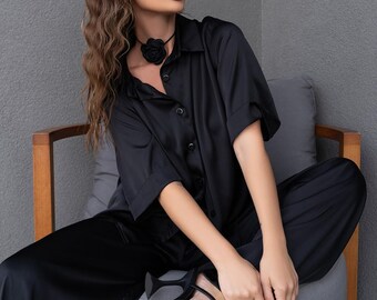 Best Black Silk Shirt & Long Pants Suit, Wide Leg Trousers and Blouse Set, Oversize Formal Outfit for Party, Wedding Guest, Date, Office